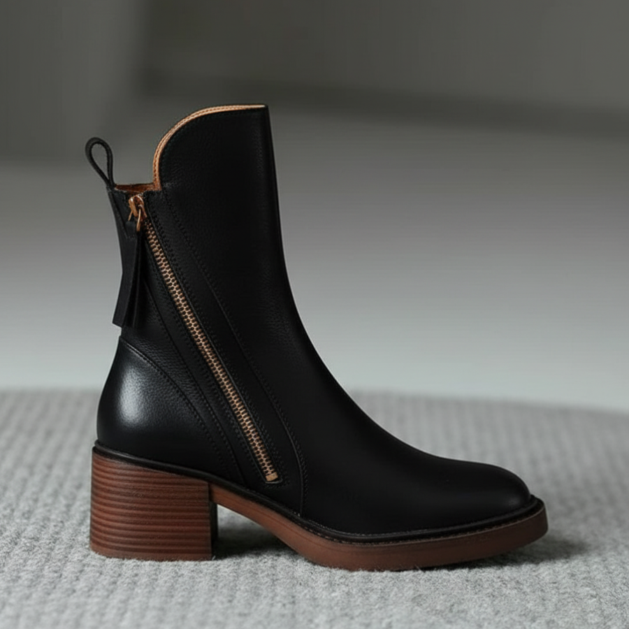 Valorine™ | Bota de cuero negra con tacón cómodo, elegante y atemporal.